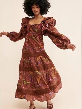 Farm Rio Brown Running Horses Tiered Boho Maxi Dress XS